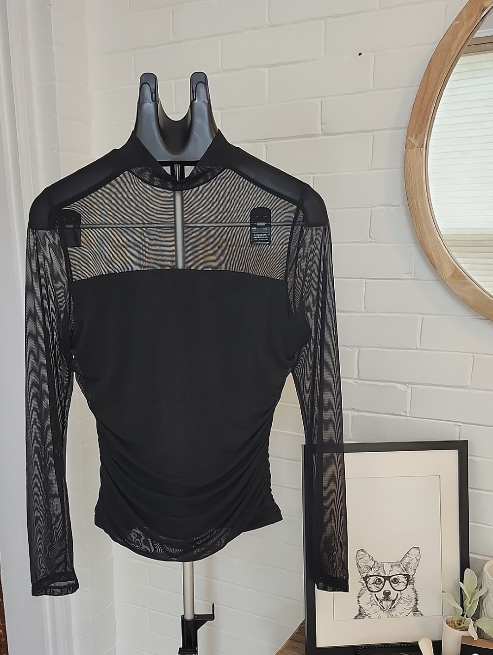 Black Mesh Long-Sleeve Women's Top, Large
